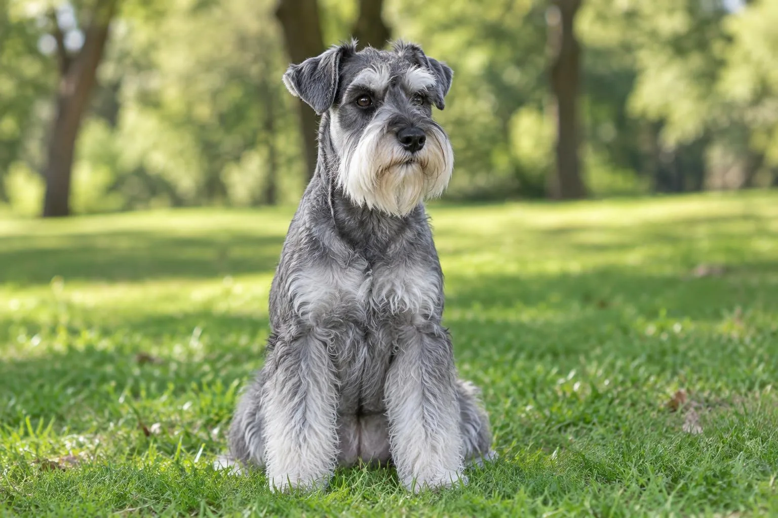 Un schnauzer miniatura sal y pimienta sentado en el pasto de un parque