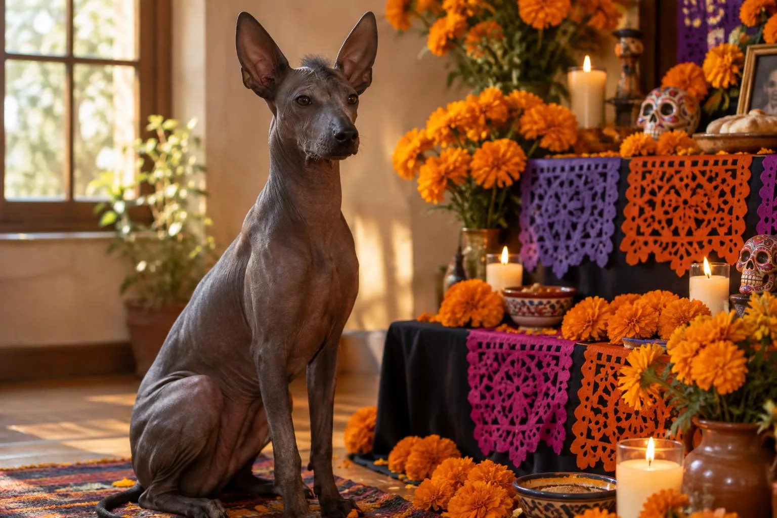 Un xoloitzcuintle pelón sentado junto a un altar de Día de Muertos con flores de cempasúchil.