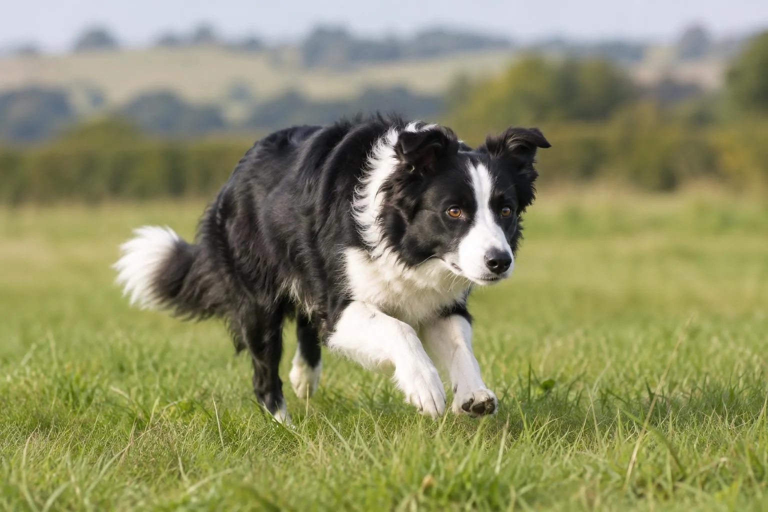 Un border collie blanco y negro corre concentrado por un campo de pasto verde.