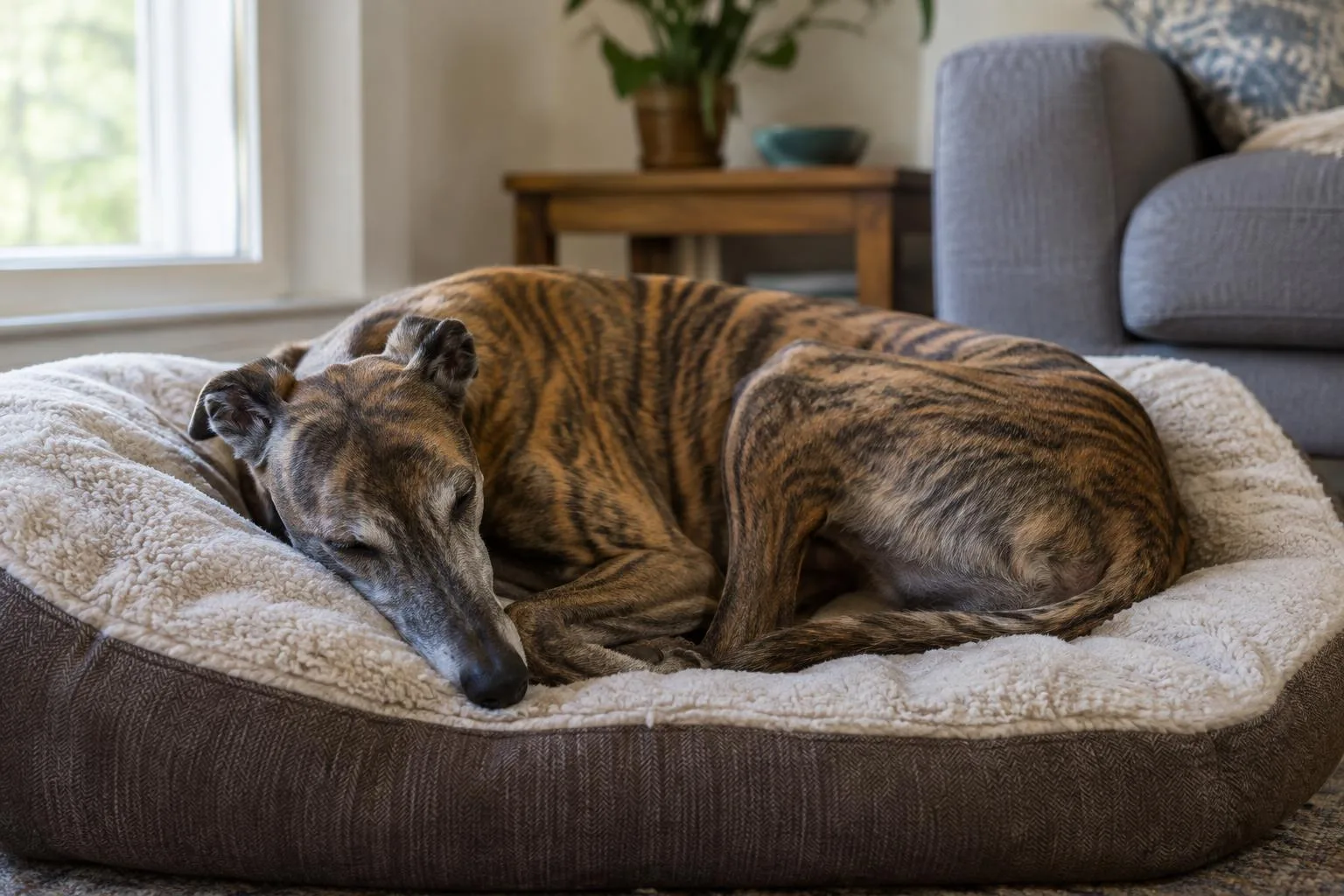 Un greyhound atigrado duerme acurrucado sobre una cama gruesa en la sala de una casa.