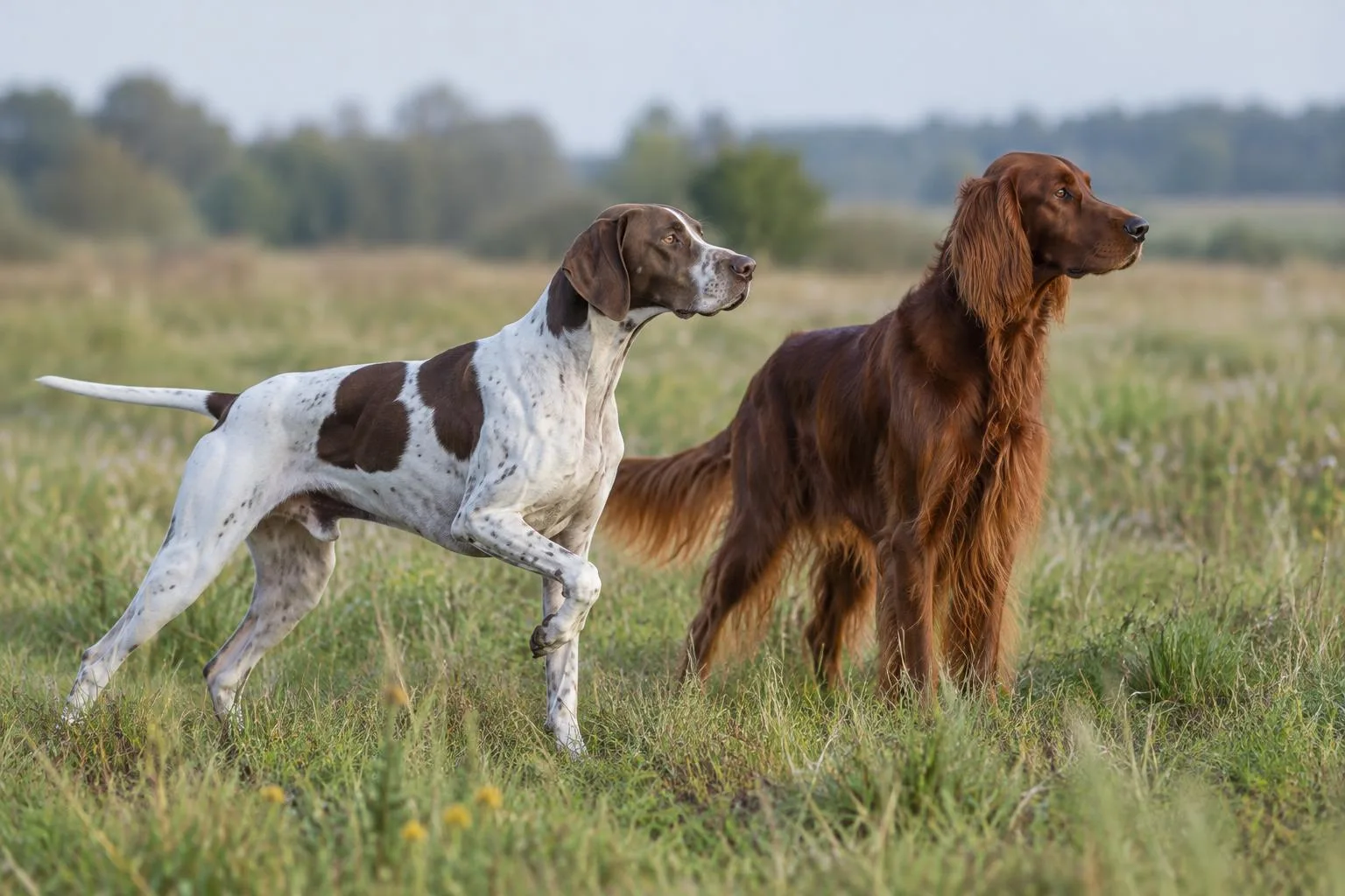 Un pointer blanco y marrón señalando con una pata levantada junto a un setter irlandés rojo en un prado.