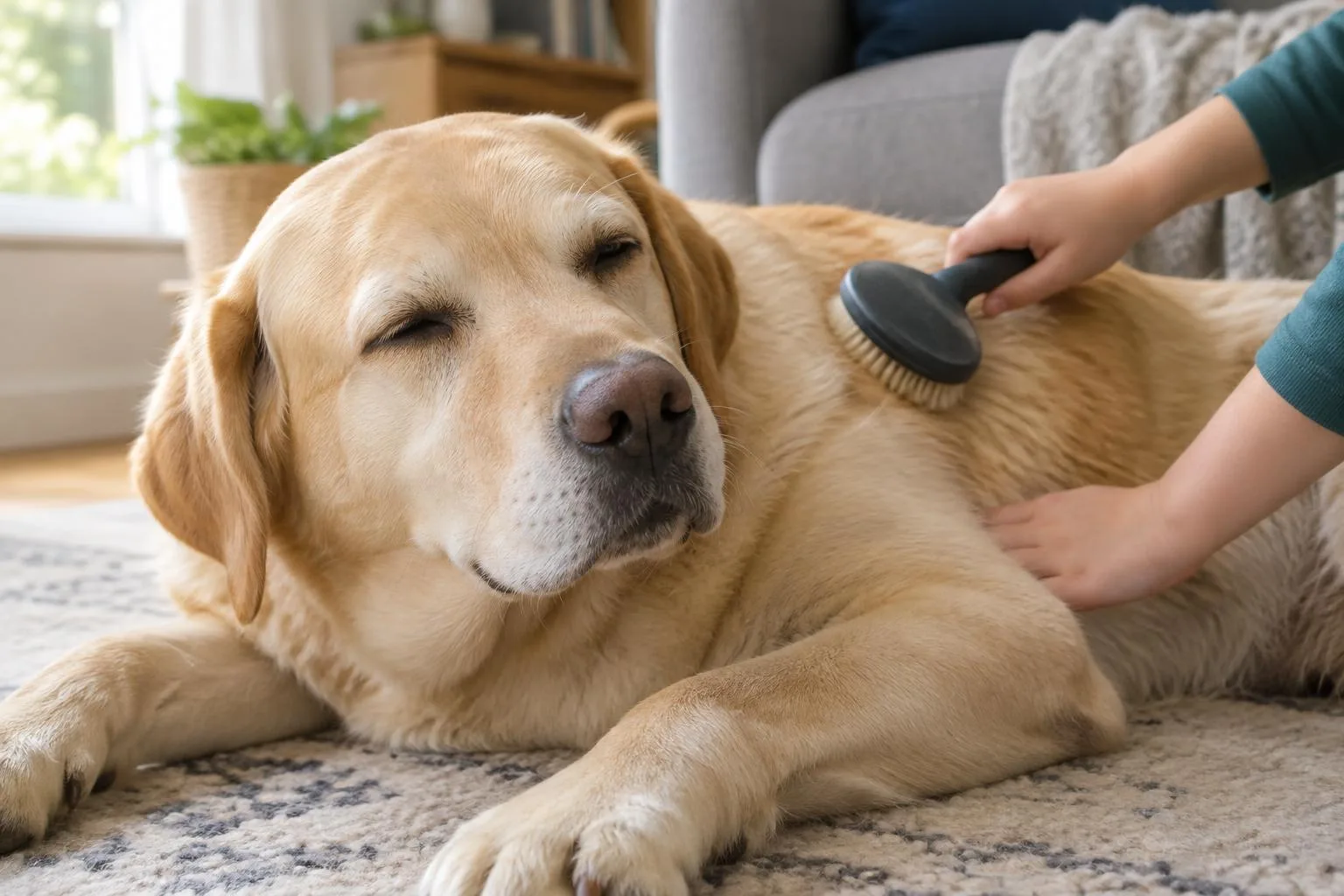 Las manos de un niño cepillan a un labrador tranquilo recostado sobre una alfombra en casa.