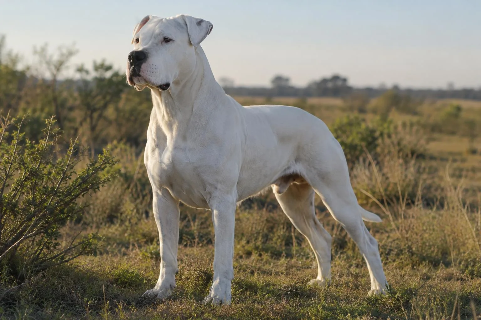 Un Dogo Argentino blanco y musculoso de pie en un campo abierto.