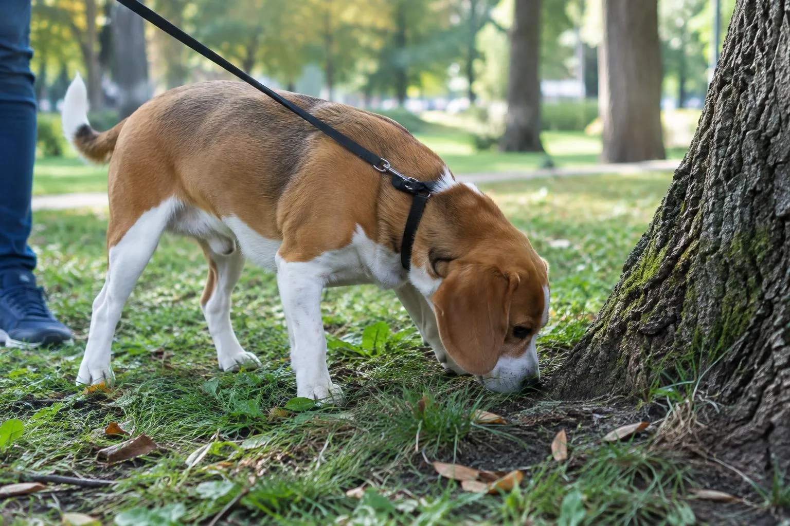 Un perro con correa olfatea con atención la base de un árbol durante un paseo.